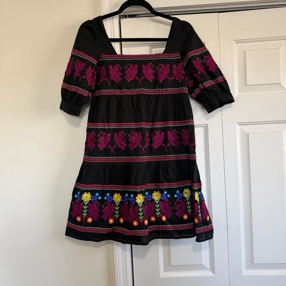 MODA International Black Pink Embroidered Short Sleeve Mini Dress Size 2